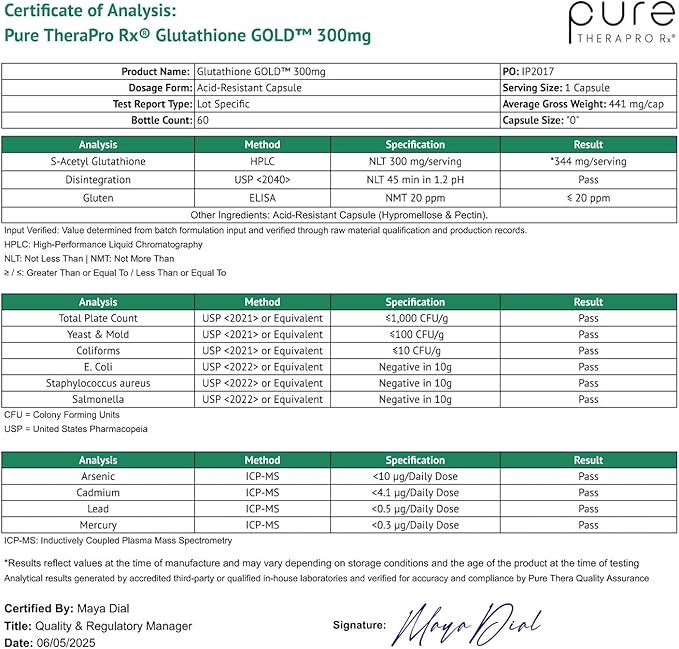 Pure Therapro Rx S-Acetyl Glutathione Gold 300mg PER Capsule - 60 Capsules | Extra-Strength | Patented Acetylated Form of Glutathione (EMOTHION) from Italy | Pharmaceutical Grade | Zero Fillers