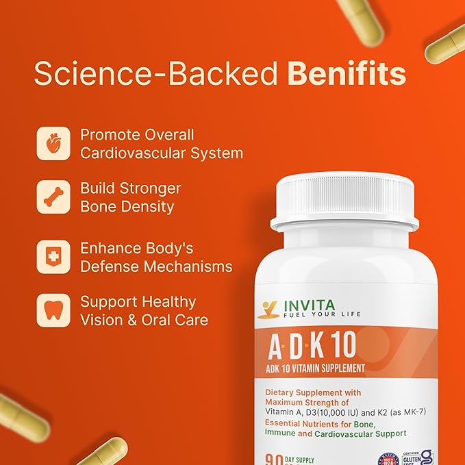 INVITA, ADK 10 Vitamin Supplement – 90 Capsules – High Potency of Vitamin A, D3 10,000 IU & K2-MK7 – Physician Formulated ADK for Bone, Heart & Immune Support – Non-GMO, Gluten Free (3-Month Supply)