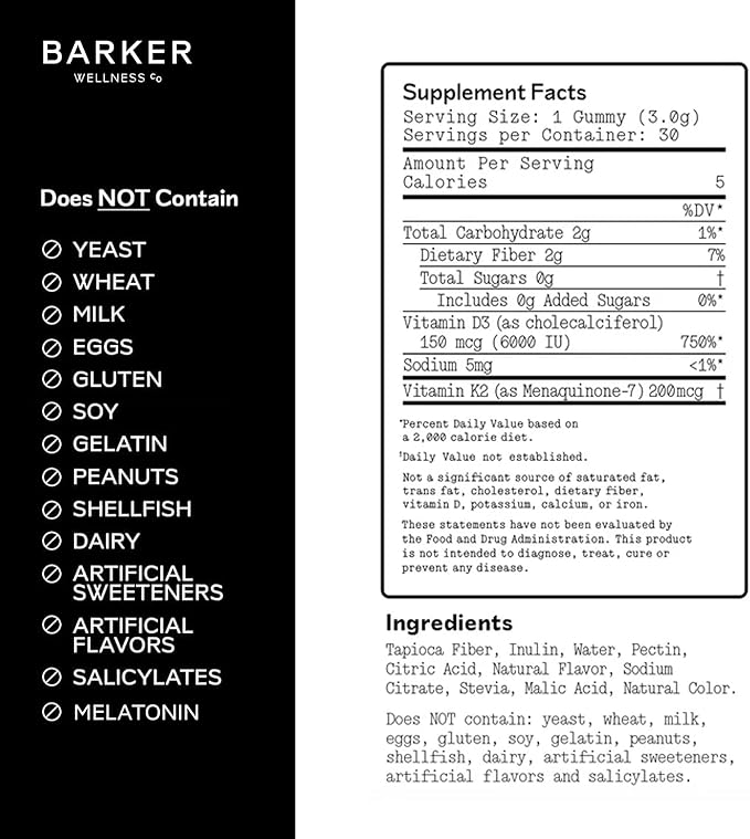 Barker Wellness D3 K2 Vitamin Gummies – Max Potency 6000IU D3 + 200mcg K2 for Strong Bones, Cardiovascular Wellness, Immune Support | Vegan, Sugar-Free, Delicious Mixed Berry | 30 Servings