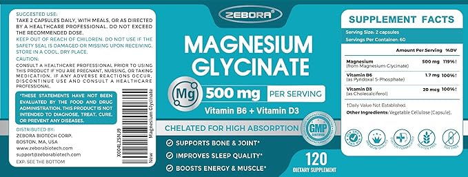 Magnesium Glycinate 500mg, High Absorption Magnesium Supplement with Vitamins B6 & D3, Chelated Magnesium Glycinate Capsules for Muscle, Heart, Calm & Immune Health, Non-Buffered, 120 Capsules