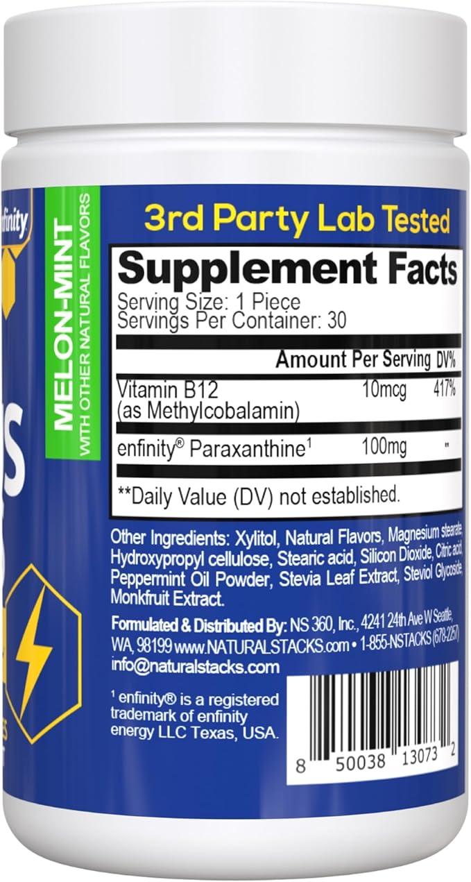 Paraxanthine Supplement 100mg - Caffeine Free Focus Supplement for Productivity & Attention Support - Clinically Tested Enfinity Paraxanthine - Jitter Free Energy Support - 30 Melon Mint Focus Bites