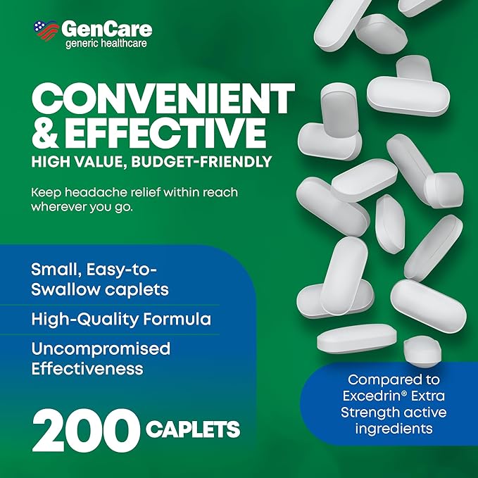 GenCare - Headache Relief Acetaminophen with Aspirin (NSAID) & Caffeine (200 Caplets) Value Pack | Head Pain, Muscle Aches, Back Pain & Body | Generic Excedren Extra Strength