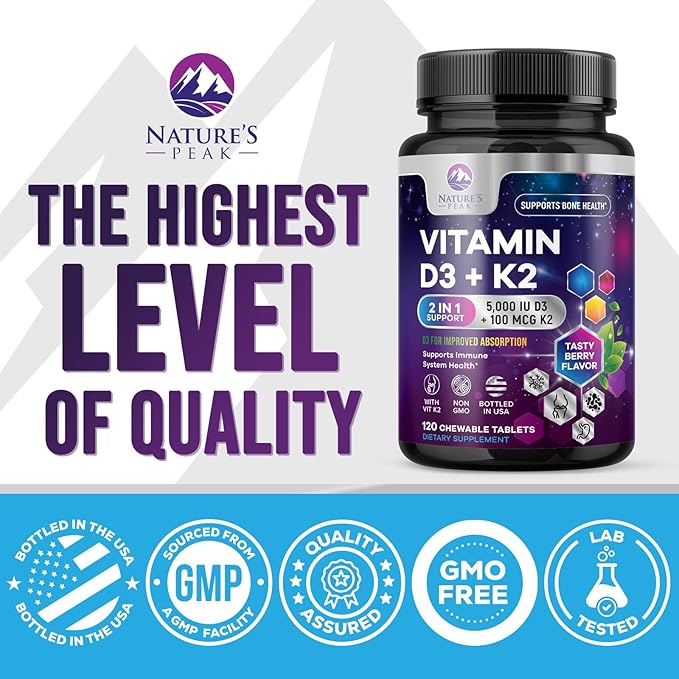 Vitamin D3 K2 - 5000 iu Vitamin D3 & 100 mcg Vitamin K2 (MK-7) per Serving - Calcium Absorption, Bone & Heart Health Support - Berry Chewable, Gluten Free, Non-GMO, Bottled in USA - 120 Tablets