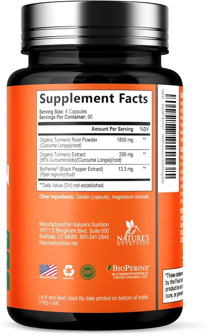 Turmeric Curcumin Supplement - 1800mg Organic Turmeric Per Serving - 95% Curcuminoids & BioPerine Black Pepper Extract for Best Absorption - Natural Vegan Joint Support, Bottled in USA - 360 Capsules