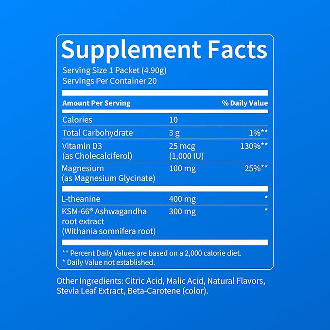 Nello Supercalm Powdered Drink Mix, Cortisol Reducer* and Sleep Aid Supplement, L Theanine, Ksm-66 Ashwagandha, Magnesium Glycinate, Vitamin D 3, No Sugar, Non GMO, On The Go, 20 Ct, Pineapple Mint