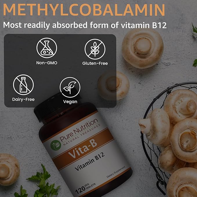 Pure Nutrition Natural Vitamin B12 1500mcg (Methylcobalamin) | 120 Veg Tabs | Vitamin B12 Supplement Helps Support Metabolism, Blood Cells, and Nerves Function* | Non GMO