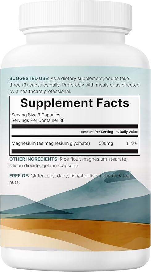 Magnesium Glycinate 500mg Per Serving, 240 Capsules | Potent Elemental Form, 100% Chelated, High Absorption | Healthy Muscle, Bones, & Mood Support Supplement | Non-GMO