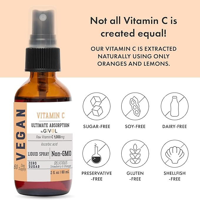 Vitamin C Spray: Daily Absorption Liquid Extract with Lemon, Orange, Strawberry, Rich in Ascorbic Acid, 2oz (60ml) 60 Day Supply