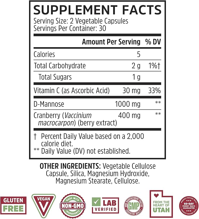 Zhou Cran-Defense - Cranberry Pills for Women & Men, D Mannose with Cranberry Extract, 1000 mg D-Mannose Per Serving for Urinary Tract Health, Antioxidant Support - 60 Veggie Capsules
