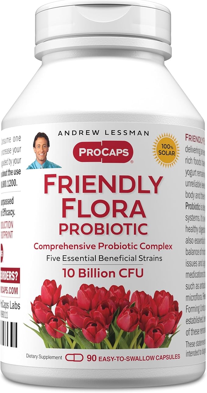 ANDREW LESSMAN Friendly Flora Probiotic 90 Capsules - 10 Billion CFU, Comprehensive Blend of Five Probiotic Strains, Powerful Immune and Digestive Support. Probiotics for Women or Men