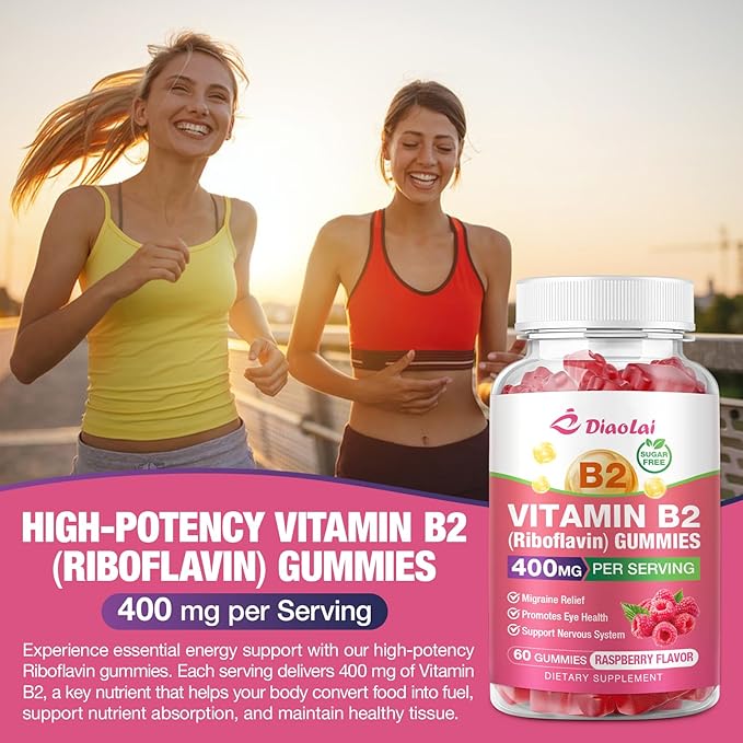 Vitamin B2 Gummies Riboflavin 400mg Supplement with Magnesium for Kids & Adults, B2 Gummies for Migraine Relief & Nervous System Support, Vegan, Raspberry Flavor, 120 Count