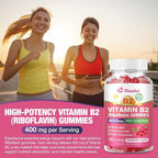 Vitamin B2 Gummies Riboflavin 400mg Supplement with Magnesium for Kids & Adults, B2 Gummies for Migraine Relief & Nervous System Support, Vegan, Raspberry Flavor, 60 Count