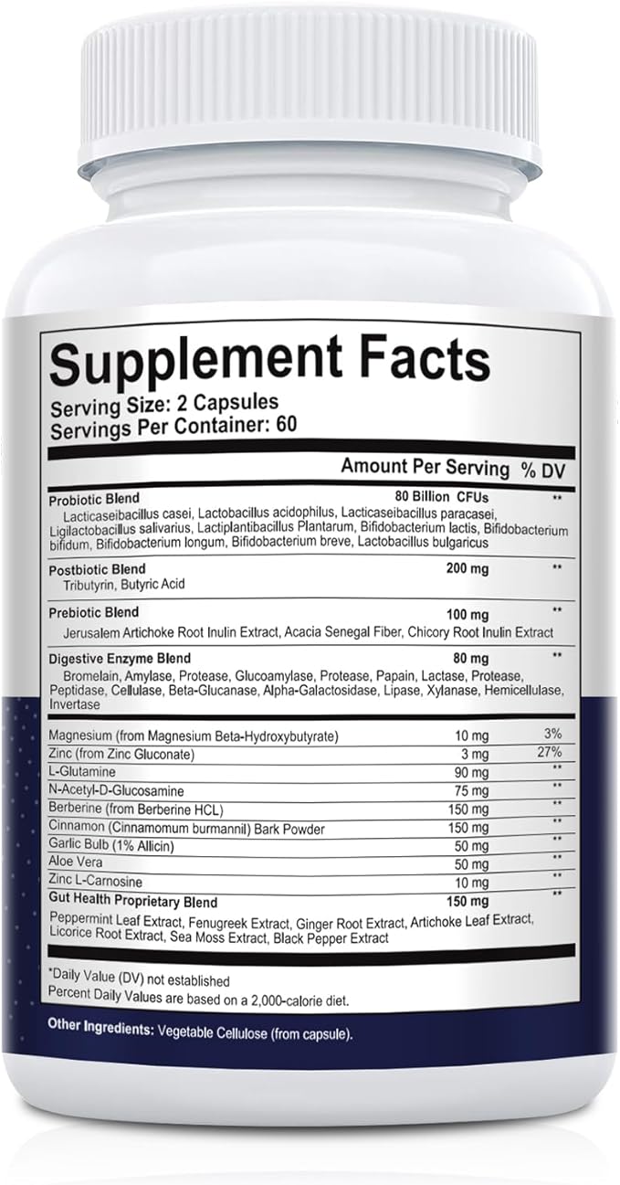 Migcopat Probiotics for Digestive Health, 80 Billion CFU Probiotics, Prebiotics, Postbiotics & Digestive Enzymes, Gut Health Capsules with Berberine, Cinnamon, L-Glutamine, for Men & Women, 240 Counts