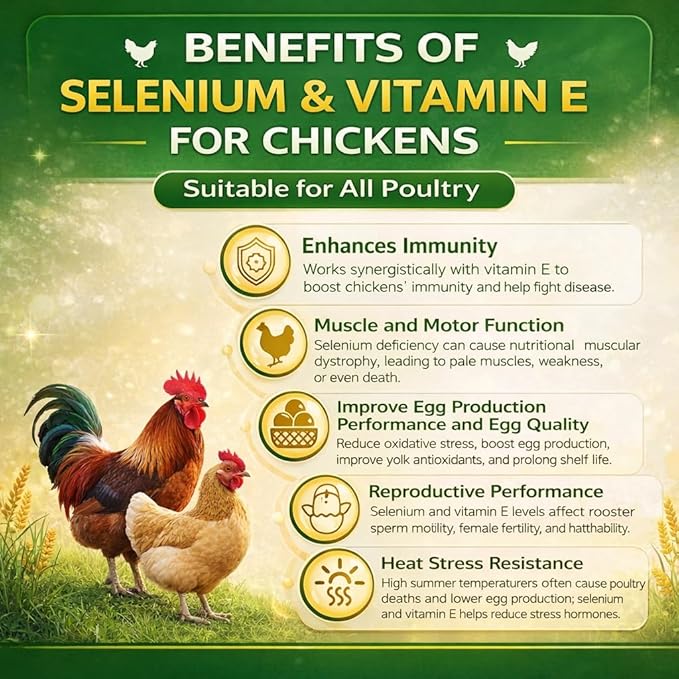 8 oz (227 g) Selenium & Vitamin E Powder for Chickens, Selenium Supplement for Chickens, Supports Immune & Muscle Health, Suitable for All Poultry