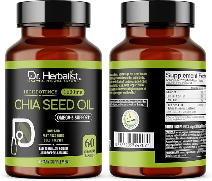 Dr. HERBALIST Chia Seed Oil 1600mg Softgels - Plant-Based Superfood Supplement with Omega 3 Fatty Acids, Antioxidants & Natural Nutrients - 60 Capsules for Men & Women