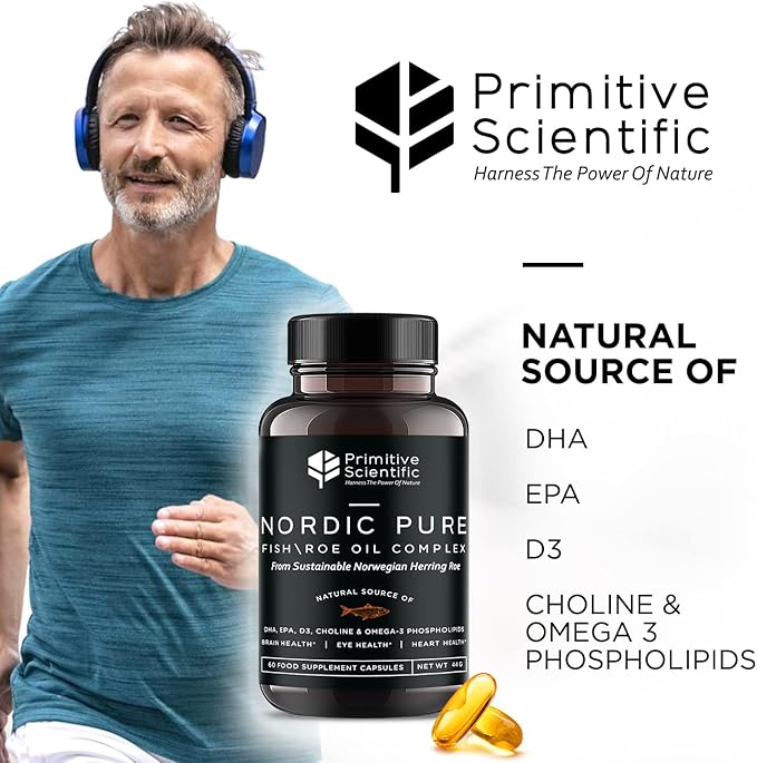 Primitive Scientific Nordic Pure Oil Complex (60 Fish Oil Capsules) for Brain, Immunity & Vision - Heart Supplement w/EPA, DHA, Vitamin D3, Choline - Omega 3 Supplements