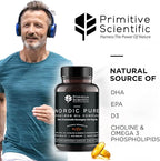 Primitive Scientific Nordic Pure Oil Complex (60 Fish Oil Capsules) for Brain, Immunity & Vision - Heart Supplement w/EPA, DHA, Vitamin D3, Choline - Omega 3 Supplements