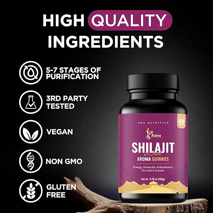 AMU NUTRITION Shilajit Gummies for Men & Women with Aronia Berries Fulvic Acid & 85+ Trace Minerals I Men,Women I Non-GMO I Lab Tested I 100% Natural I 60 Gummy (60 Count (Pack of 1), Aronia Berries)