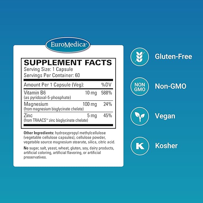 EuroMedica Magnesium + P-5-P - Bone & Heart Health Support Supplement - Dietary Supplement with Vitamin B6, Zinc & Magnesium - Pyridoxal-5-Phosphate Vegan Capsule Supplement - 60 Capsules