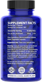 Ultimate Zinc Picolinate 30mg - 180 Capsules - Fast-Absorbing - 6 Month Supply - Vitamin Zinc Picolinate Supplements - Immune Support, Colds, Skin Health - Foundational Mineral - Vegetarian Capsules