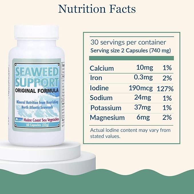 Maine Coast Sea Vegetables Seaweed Support Original Formula | Natural Source of Iodine from Seaweed | Daily Use Iodine Supplement | Organic Alaria, Sea Lettuce, Dulse & Bladderwrack blend | 60 Capsule