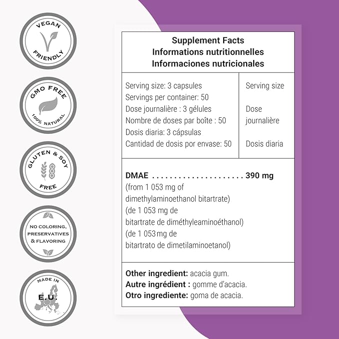 Supersmart - DMAE Supplement 390mg per Day (Dimethylaminoethanol) - from DMAE Bitartrate - Choline Production | Non-GMO & Gluten Free - 150 Vegetarian Capsules