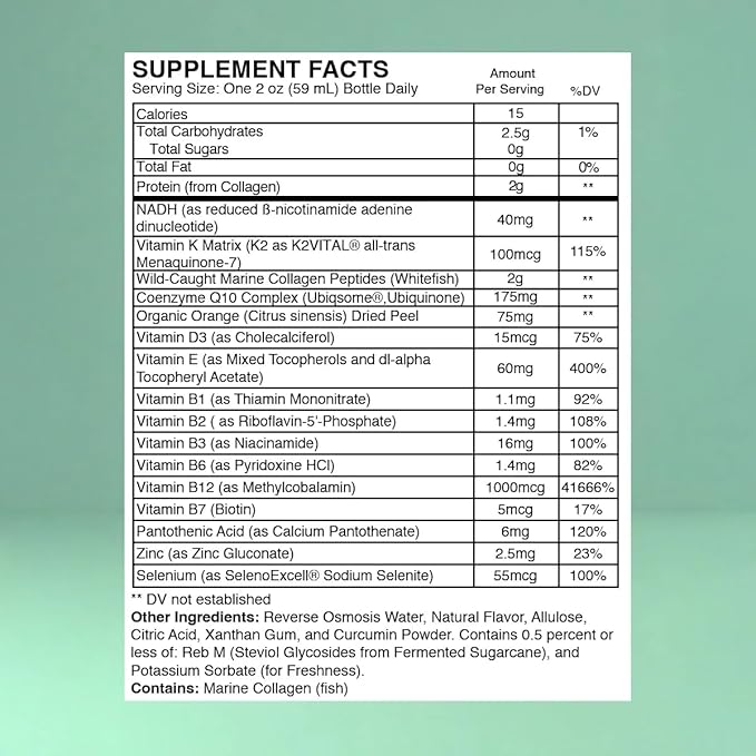 Strong Cell | Cellular Function Booster Liquid | NADH, CoQ10, Collagen. 90+% Absorption Rate. Vitamins B1, B2, B3, B6, B7, and B12. Vitamin K2 | 30 Count.
