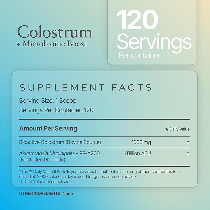 Colostrum Powder | Grass-Fed Bovine Colostrum with Akkermansia Probiotic 1B AFU | Microbiome & Gut Support | High IgG Advanced Formula | 120 Servings