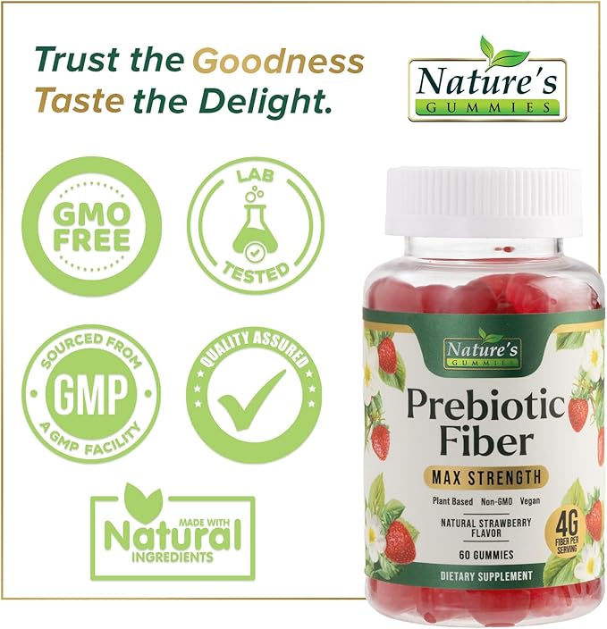 Prebiotic Fiber Gummies - 4g Dietary Fiber Per Serving - Extra Strength Daily Supplement for Adults - Tasty Strawberry Flavor - Plant Based Digestive and Regularity Support - 60 Gummies