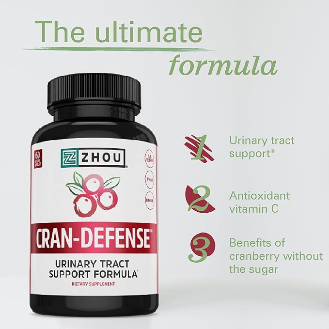 Zhou Cran-Defense - Cranberry Pills for Women & Men, D Mannose with Cranberry Extract, 1000 mg D-Mannose Per Serving for Urinary Tract Health, Antioxidant Support - 60 Veggie Capsules