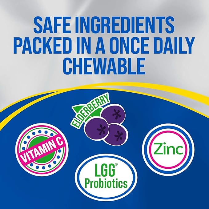 Culturelle Immune Defense Probiotic with Vitamin C, Vitamin D and Zinc + Elderberry, Non-GMO, 4-in-1 Immune Support for Kids Ages 3+*, Mixed Berry Chewables, 60 Count
