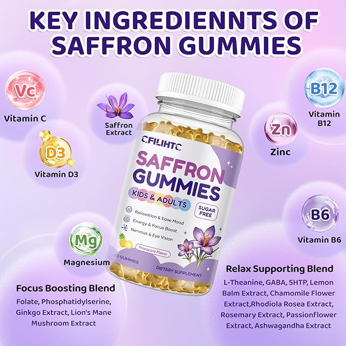 Saffron Gummies for Kids & Adults, 20-in-1 Saffron Supplements with 88.5mg Saffron Extract, B6, B12, C, D3, Magnesium for Calm, Focus, Nerve, Sugar Free, Vegan, Non-GMO - Pineapple Flavor, 60 Counts