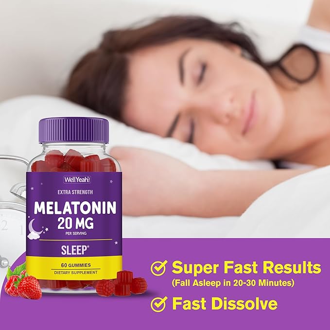WellYeah Melatonin Gummies 20mg | Sleep Support | Maximum Strength Melatonin 20mg Gummies for Adults | Fast Dissolved | Great Berry Flavor | 60 Count | Vegan, Non GMO