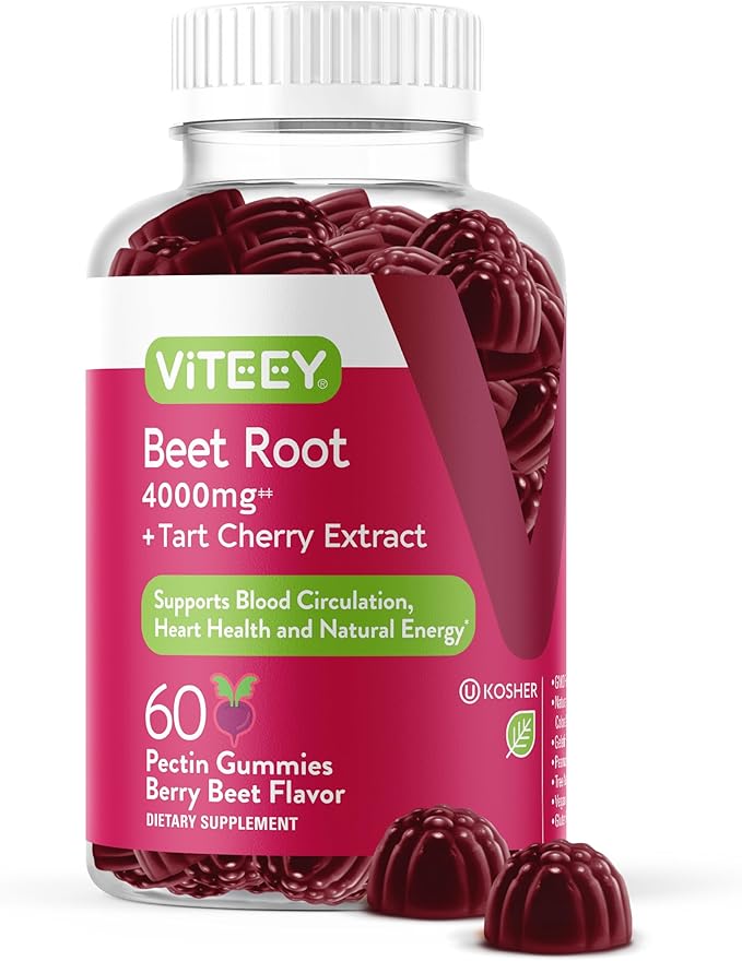 Viteey Beet Root Gummies 4000mg [from 80mg of 50:1 Extract] with Tart Cherry - for Healthy Blood Pressure Support - Vegan, Gelatin Free, Gluten Free-Tasty Chewable Berry Beet Flavored Gummy-60 Count