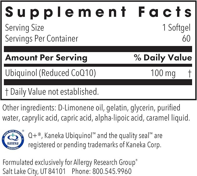 Allergy Research Group CoQ10 Ubiquinol - Delivers 100 mg CoQ10 - Supports Cellular Energy Production, Antioxidant Activity & Heart Wellness - 60 Servings - 60 Vegetarian Capsules