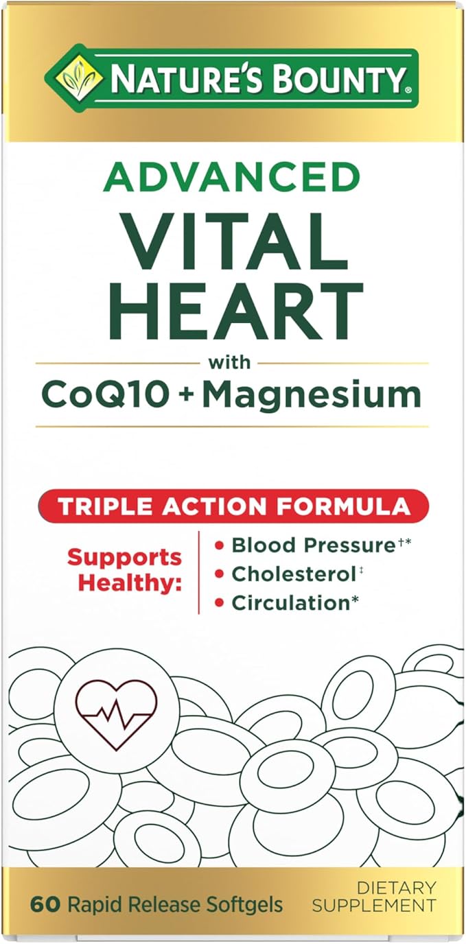 Nature’s Bounty Advanced Vital Heart with CoQ10 + Magnesium, Antioxidant, Supports Healthy Blood Pressure, Cholesterol, Circulation, Triple Action Formula, CoQ10, Magnesium Supplement, 60 Softgels
