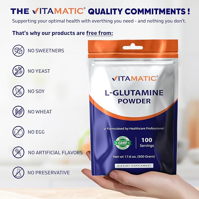 Vitamatic L-Glutamine Powder – 5000 mg per Serving – Unflavored – Non-GMO – GMP Quality – Supports Active Lifestyle, GI Health and Immune Function - 500 Gram