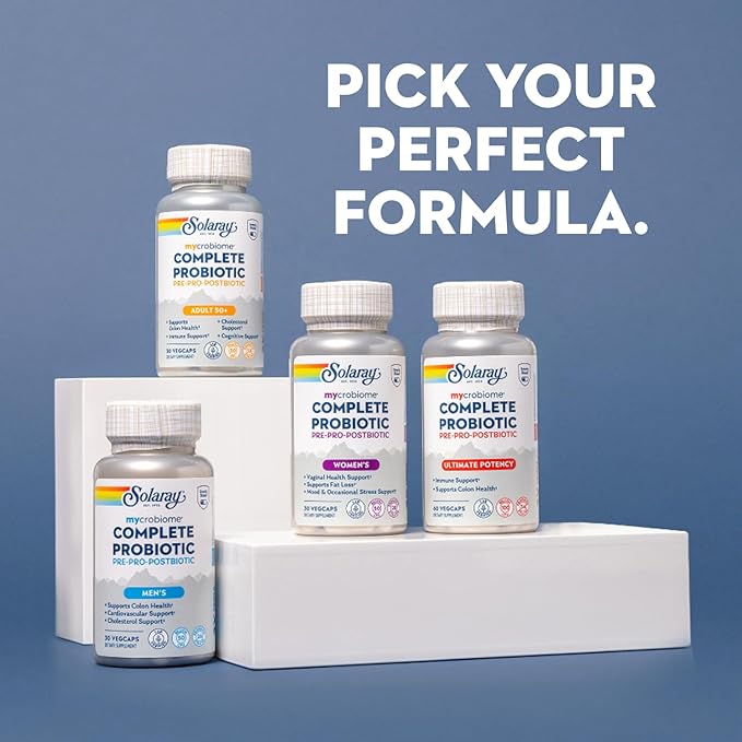 SOLARAY Mycrobiome Complete Probiotic Mood Formula - Pre and Probiotics for Women and Men Plus Postbiotic - 50 Billion CFU, 28 Strains - Vegan, Clinically Studied Ingredients - 30 Servings, 30 VegCaps