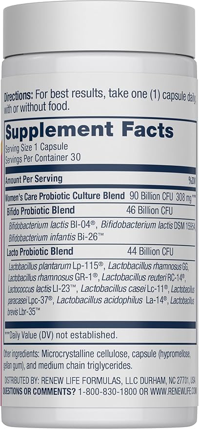 Renew Life Women's Probiotic Capsules, Supports pH Balance for Women, Vaginal, Urinary, Digestive and Immune Health, L. Rhamnosus GG, Dairy, Soy and Gluten-Free, 90 Billion CFU - 30 Ct