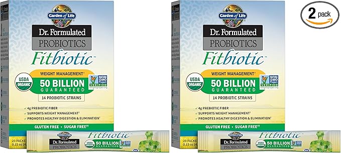 Garden of Life Dr. Formulated Probiotics Fitbiotic Weight Management Powder,50 Billion CFU & Prebiotic Fiber,Organic & Non-GMO Digestive Gut Health Probiotic Supplement,20 Serving Packets,(Pack of 2)