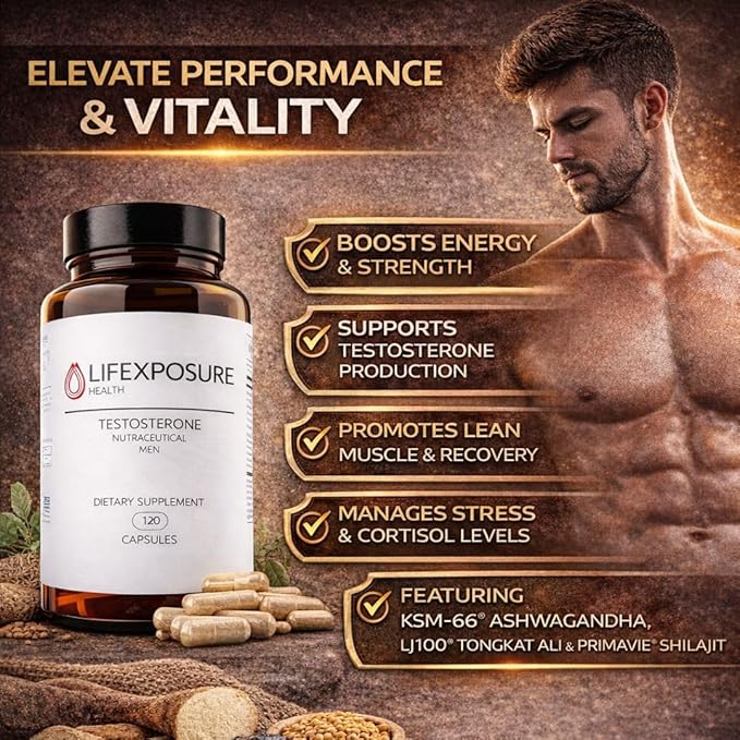 Natural Testosterone Supplement for Men - KSM-66 Ashwagandha, LJ100 Tongkat Ali, PrimaVie Shilajit, Royal Jelly, GG-Gold - Energy, Stamina, & Muscle Support Supplement - 120 Capsules