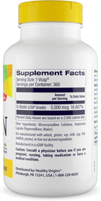 Healthy Origins Biotin 5,000 mcg (5 mg), 360 Veggie Capsules - High Potency USP Grade Vitamin B7 Supplement - Supports Healthy Hair Growth, Strong Nails & Glowing Skin - Non-GMO, Vegan & Gluten-Free