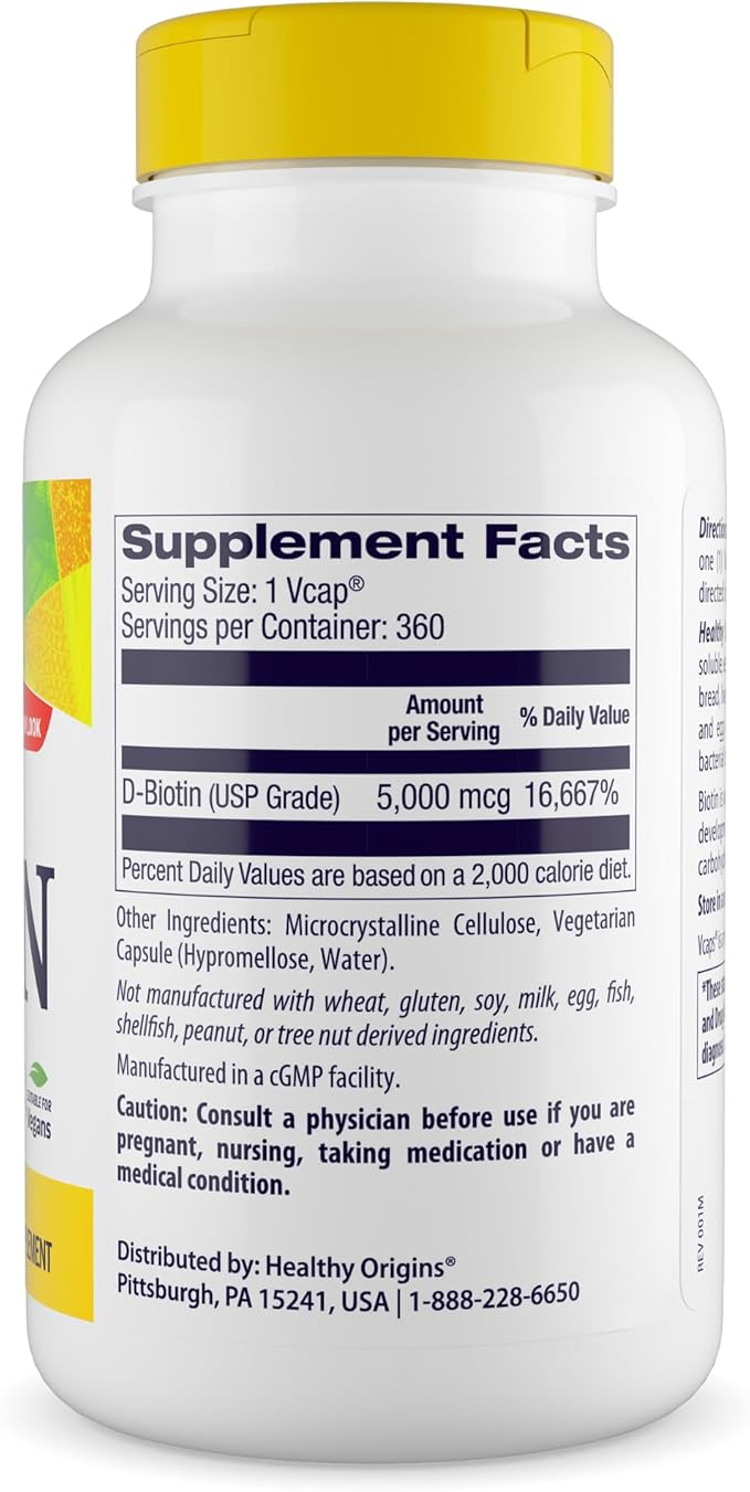 Healthy Origins Biotin 5,000 mcg (5 mg), 360 Veggie Capsules - High Potency USP Grade Vitamin B7 Supplement - Supports Healthy Hair Growth, Strong Nails & Glowing Skin - Non-GMO, Vegan & Gluten-Free