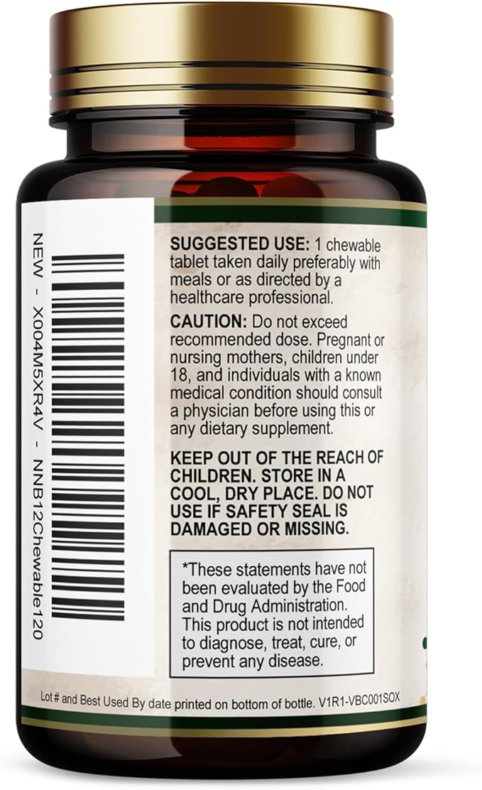 Vitamin B12 - 1000 mcg Per Serving Maximum Strength Methylcobalamin B-12 Chewable Tablet - Energy, Nervous System & Brain Support - Fast Dissolve, Gluten-Free, Non-GMO for Women & Men - 120 Tablets