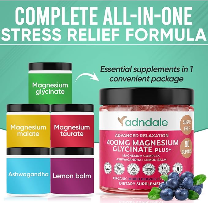 Adndale 180 CT Magnesium Glycinate Gummies 400 mg/Serv with Ashwagandha, Magnesium Malate & Taurate, Sugar Free Chews for Adults & Kids