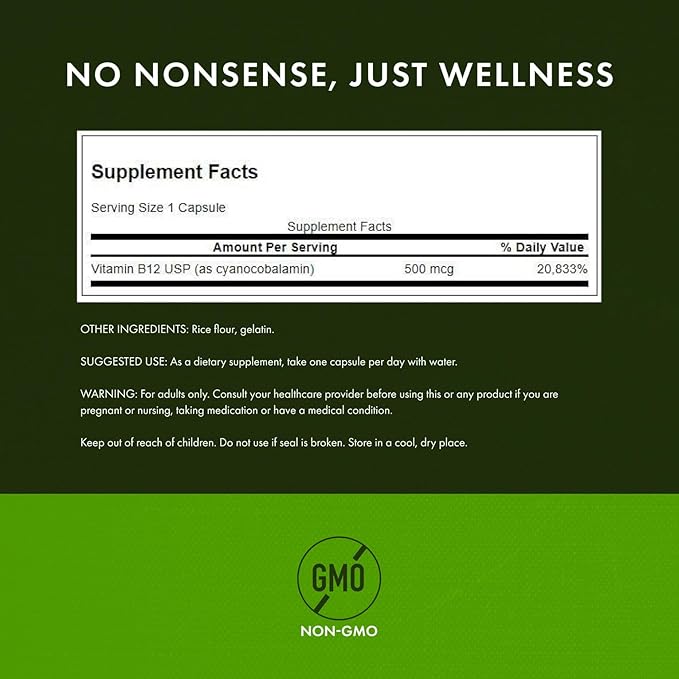 Swanson Vitamin B12 Cyanocobalamin Energy and Nervous System Supplement for Adults Seeking Metabolic and Heart Health Support - 500 mcg (250 Vegan Capsules)