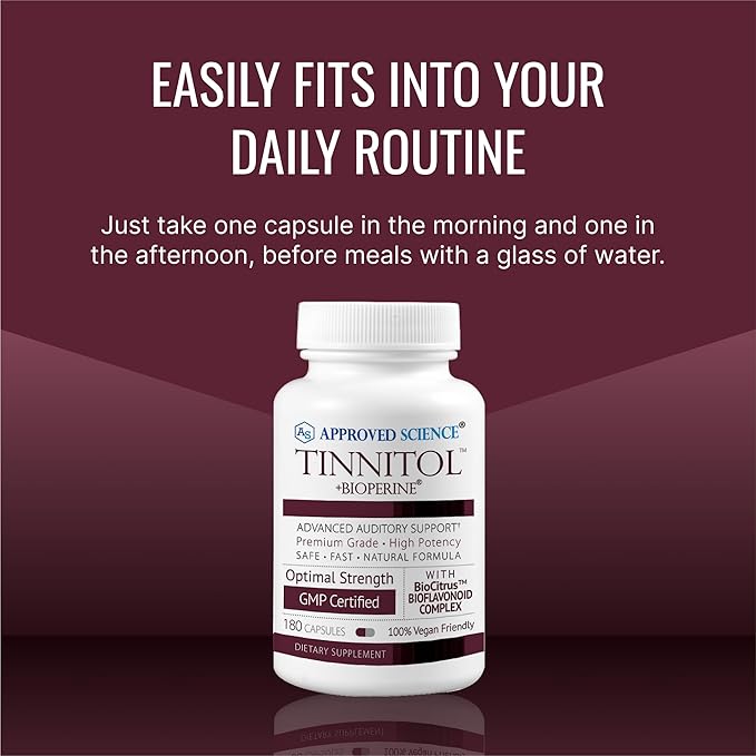 Approved Science Tinnitol - Tinnitus Support Supplement - Ease Ringing in The Ears - Boost Inner Ear Health - 1 Bottle - 3 Month Supply - Made in The USA