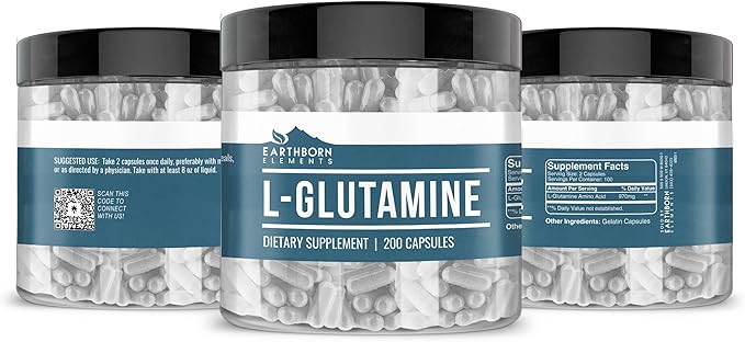 Earthborn Elements L-Glutamine 200 Capsules, Pure & Undiluted, No Additives