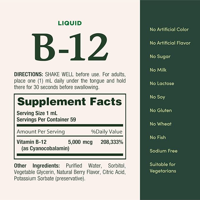 Nature's Bounty Vitamin B12 5000 mcg Sublingual Liquid,Cardiovascular Health & Cellular Energy Support,2 Fl Oz,(Pack of 3)