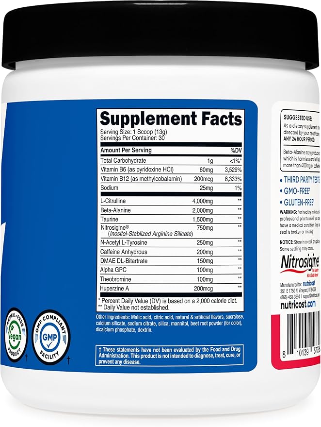 Nutricost Pre-Workout Powder (Strawberry Kiwi) 30 Servings - GMO-Free, Gluten-Free, Vegetarian